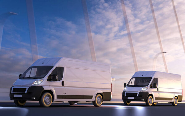 Фургоны движутся по дороге 3D рендеринг
