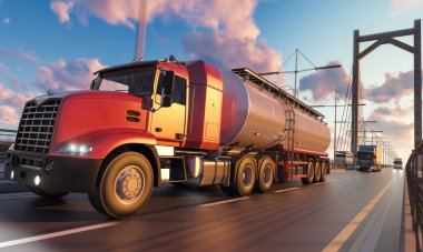 Kırmızı Kabin 'li Tanker Truck Köprü üzerinde hareket halinde.