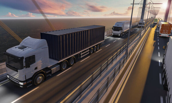 Multiple Commercial Vehicles Across the Bridge - High Angle