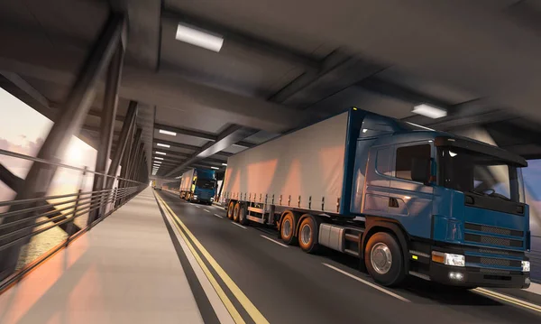 Semi Trailer Trucks Moving Row Lower Deck Bridge — Stock Photo, Image