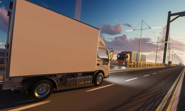 Trucks Moving Bridge Dawn — Stock Photo, Image