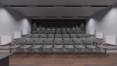 Aydınlatılmış bir konferans odasındaki koltukların ön görüntüsü 3D