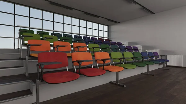 Πολύχρωμα Καθίσματα Μια Αίθουσα Διαλέξεων Στο Φυσικό Φως Της Ημέρας — Φωτογραφία Αρχείου