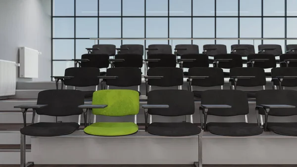 Czarne Kolorowe Siedzenia Zielonym Wewnątrz Oświetlonej Sali Wykładowej Rendering — Zdjęcie stockowe