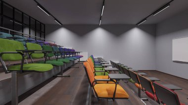 Aydınlatılmış bir konferans odasındaki renkli koltukların yan görünümü