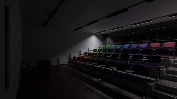 Salle Conférence Dimly Lit Avec Des Bureaux Multicolores Rendu — Photo