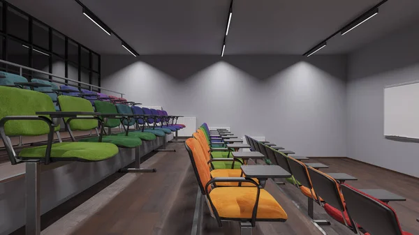 Aydınlatılmış bir konferans odasındaki renkli koltukların yan görünümü