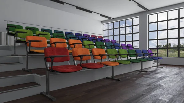 Πολύχρωμα Καθίσματα Μέσα Μια Αίθουσα Διδασκαλίας Στη Φυσική Θερινή Ώρα — Φωτογραφία Αρχείου