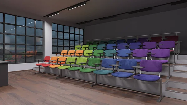 Sièges Multicolores Intérieur Une Salle Conférence Éclairée Rendu — Photo