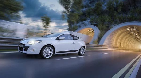 Renderização Carro Branco Saindo Túnel Entardecer — Fotografia de Stock