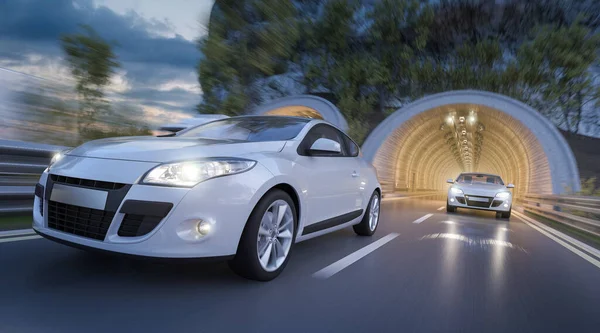 Renderização Dois Carros Que Saem Túnel — Fotografia de Stock