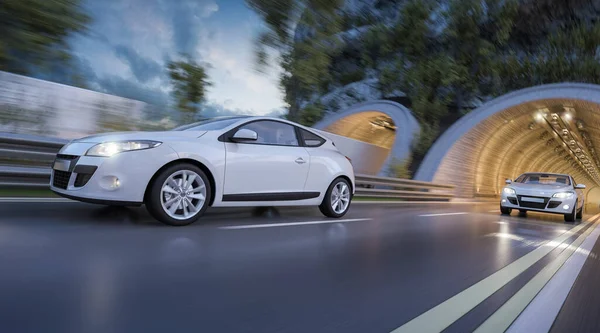 Renderização Carro Saindo Túnel — Fotografia de Stock