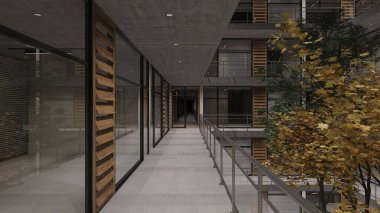 Boş Ofisleri ve İç Avlu 3D Mimarisi olan Çok Katlı Hikaye Binanın Aydınlatılmış Gece Vakti Hazırlanması