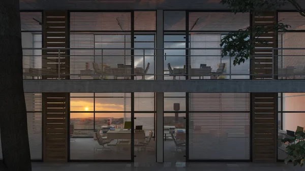 Oficinas Con Vista Atardecer Dentro Edificio Varios Pisos Renderizado — Foto de Stock