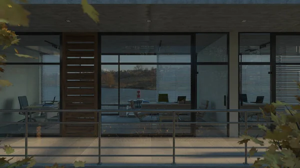 Side View of Office Rooms with Lake View in Natural Daylight 3D Rendering