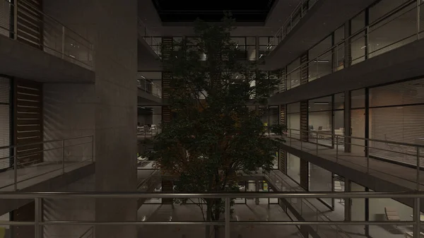 Aydınlatılmış Ofislerin Gece Görüntülemesi Bir Bahçe Alan Hazırlama — Stok fotoğraf