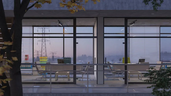 Glass Walled Office Rooms with a Foggy Morning View 3D Rendering