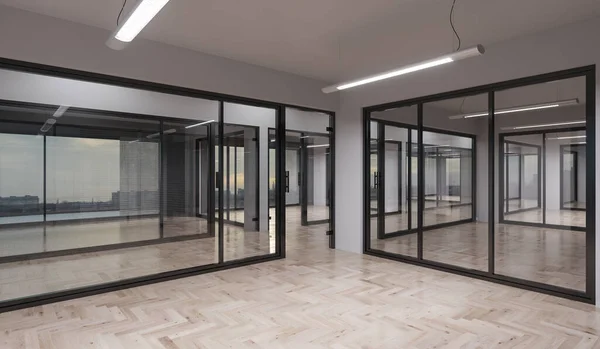 Illuminated Office Rooms Glass Partitions Rendering — Stock Photo, Image