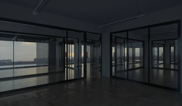 Offices with a View in Dim Natural Light 3D Rendering