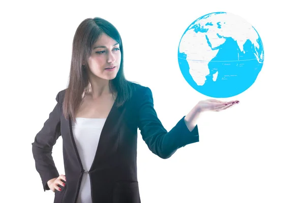 Image Young Woman Holding Globe Her Hand Stock Photo