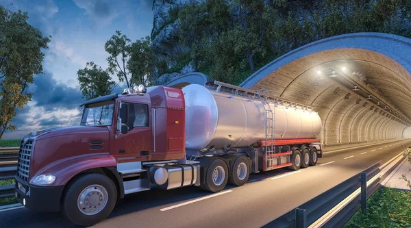 Red Tanker Truck Kommer Tunneln — Stockfoto