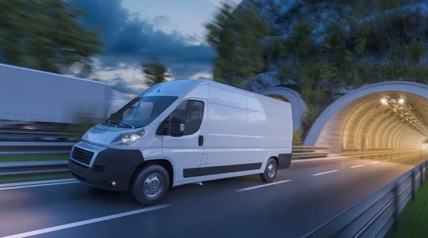 Bestelwagen Een Vrachtwagen Beweging Bij Zonsondergang — Stockfoto