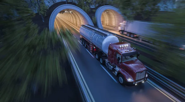 Lkw Fahren Seite Seite Durch Tunnel — Stockfoto