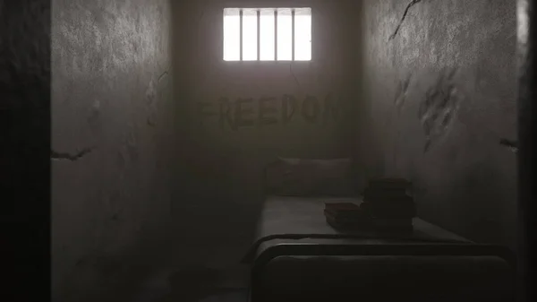Gefängniszelle Bei Tageslicht Mit Bett Und Büchern Rendering — Stockfoto