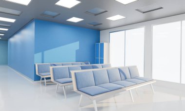 Bekleme Salonundaki Pencerenin yanındaki Boş Bençler 3B Hazırlama