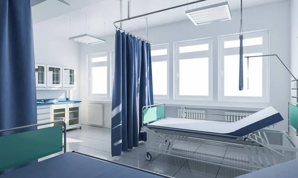 ベッドカーテンと医療内閣3Dレンダリングを備えた病院内 — ストック写真
