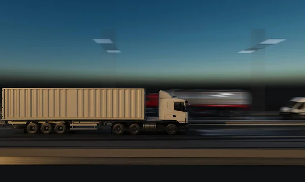 Container Lkw Fährt Nachts Auf Der Autobahn — Stockfoto