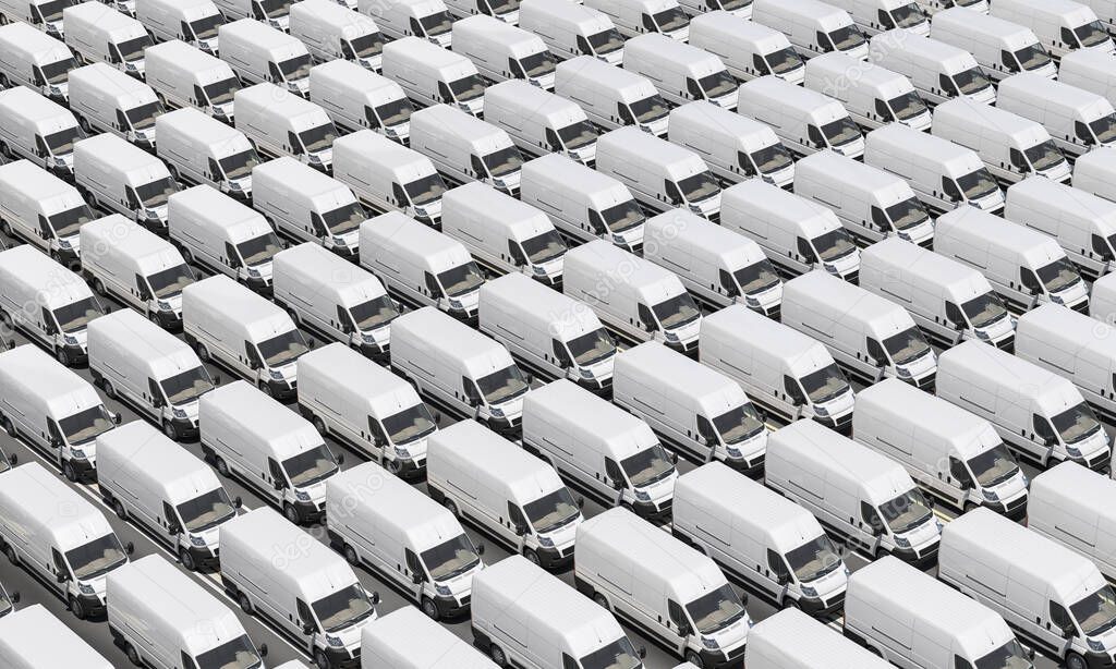 Lined up White Vans 3D Rendering