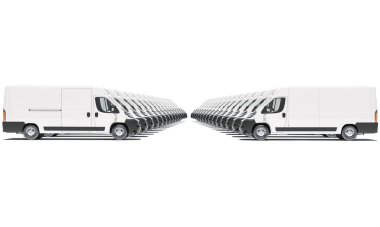 White Delivery Vans Lined Up in Opposite Directions clipart