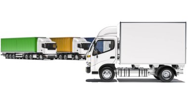 Bağlı Konteynır Kamyonlarının Önündeki Beyaz Kutu Kamyonu