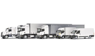 Yarı karavan kamyonlu bir tanker ve beyaz arka planda bir nakliye aracı.