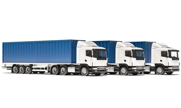 Sattelschlepper Mit Blauen Containern Reihenweise Auf Weißem Hintergrund — Stockfoto