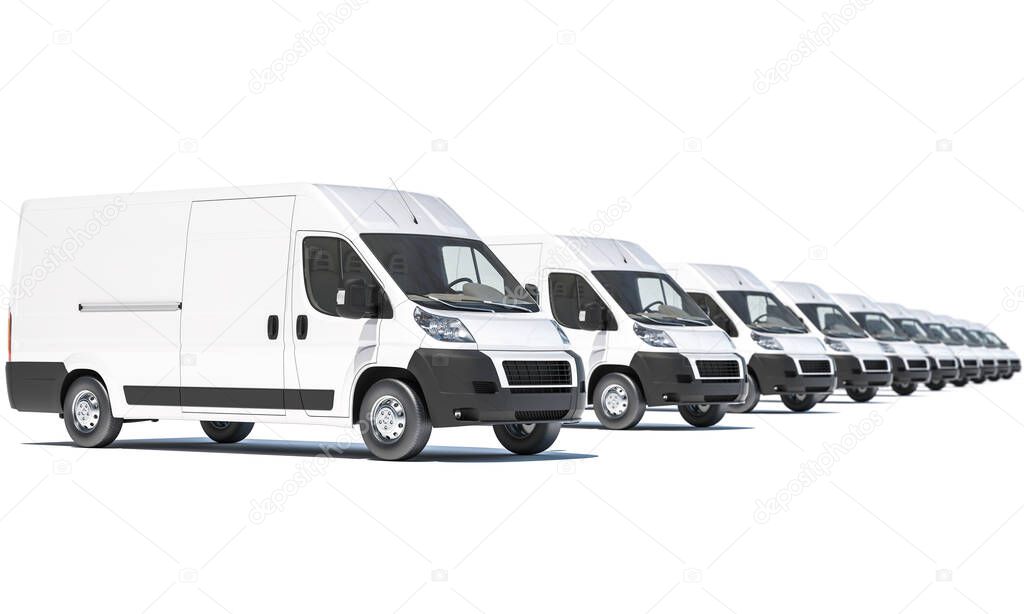 White Delivery Vans in a Row on White Background