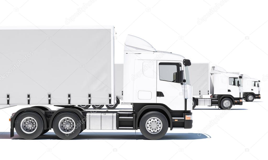 Side View of Semi Trailer Trucks on White Background