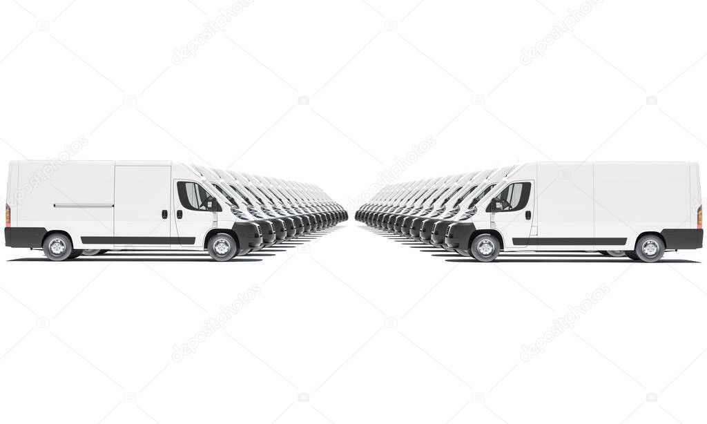 White Delivery Vans Lined Up in Opposite Directions