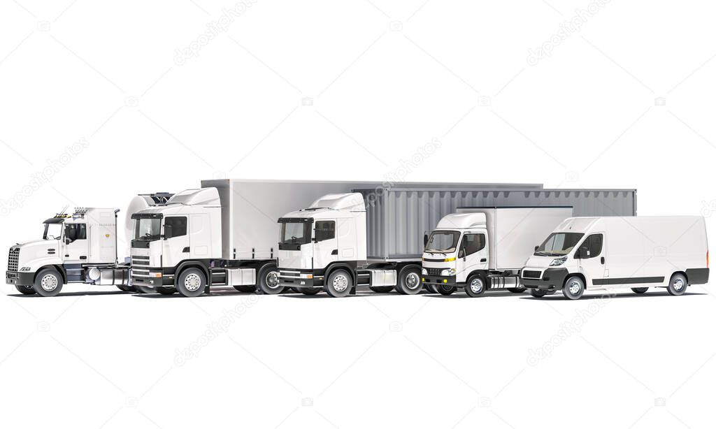 Tanker with Semi Trailer Trucks and a Delivery Van on White Background