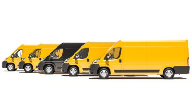 Black and Yellow Delivery Vans Aligned in a Row 3D Rendering clipart