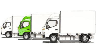 Kabinleri Beyaz ve Yeşil Renkli Kutu Kamyonları 3B Hazırlama