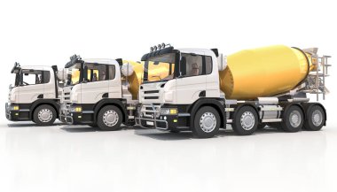 3D Rendering of Cement Mixer Trucks in a Row clipart