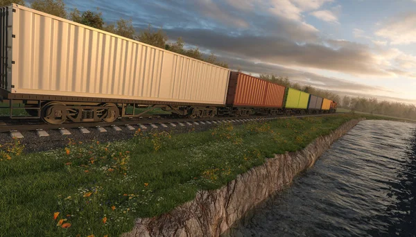 Güterzug Rollt Der Dämmerung Fluss Entlang — Stockfoto