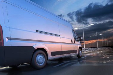 Şafakta yolda 3D jenerik minibüs görüntüsü