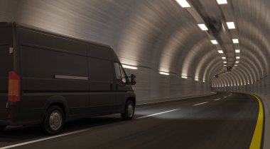 Siyah Minibüs Boş Bir Tünelden Geçiyor 3B Hazırlama