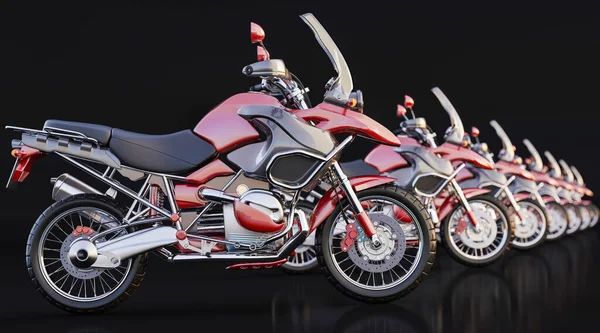 Red Motorcycles Lined up in a Row 3D Rendering