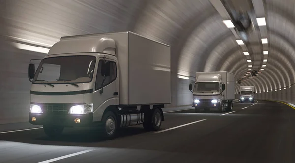 Camiones Moviéndose Fila Dentro Del Túnel Renderizado — Foto de Stock