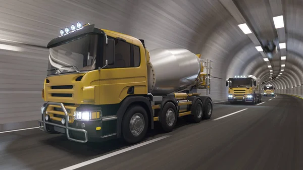 Cement Trucks Moving in a Row Inside the Tunnel 3D Rendering