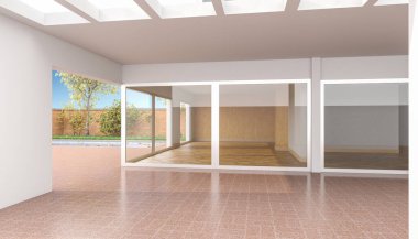 Zemin katın 3D görüntüsü ve yüzme havuzlu bir villanın arka bahçesi